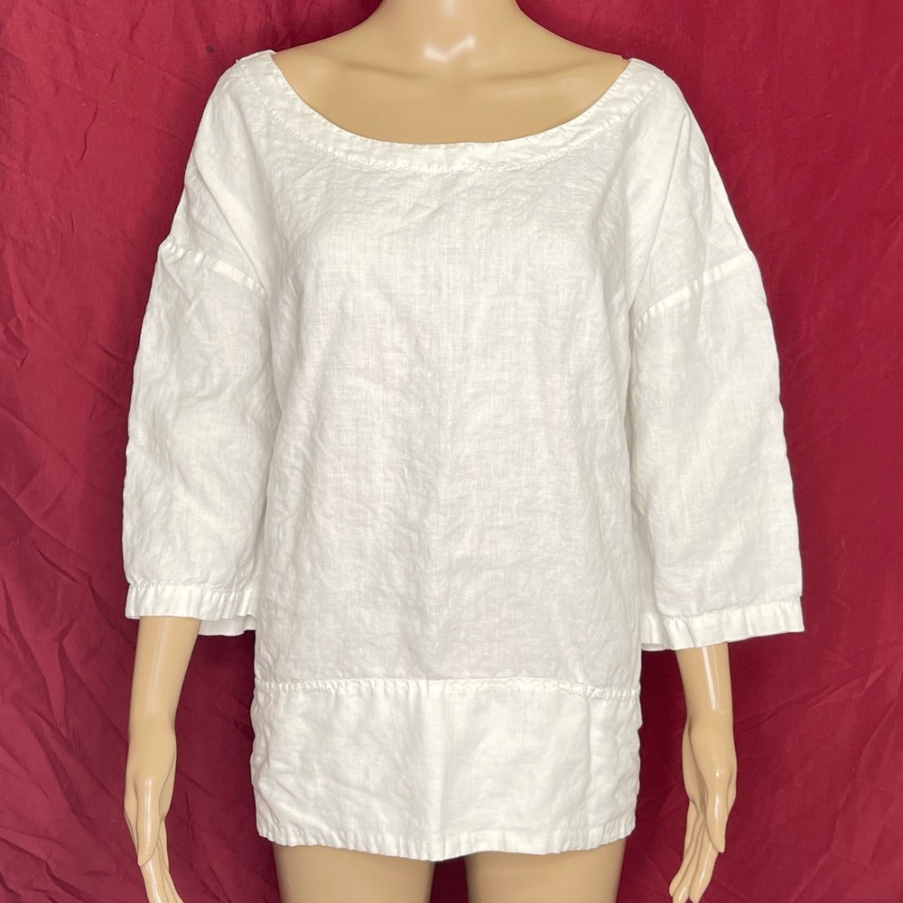 Eileen Fisher Boxy Ballet Neck Organic Linen Pocket Top Large